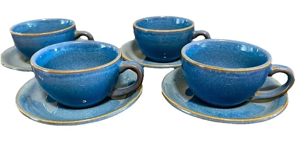 Le Tauci 4 Cappuccino Cups Mugs with Matching Saucers Set Ceramic Ceylon Blue